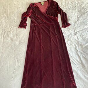 NWOT Eddie Bauer Sz. 12 Burgundy Velvet Maxi Dress V Neck Empire Waist Stretch